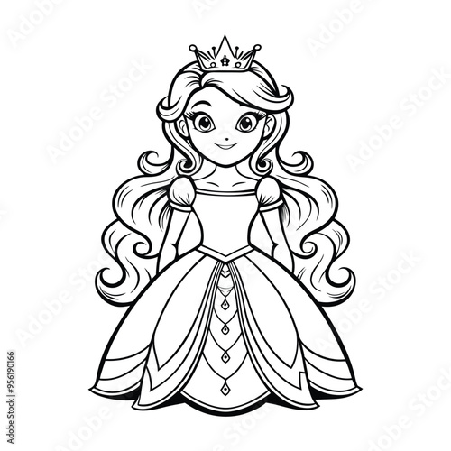 Beautiful Princess with long hair wearing a gown and a crown ,Kid coloring book character of princess on isolated white background, coloring book page