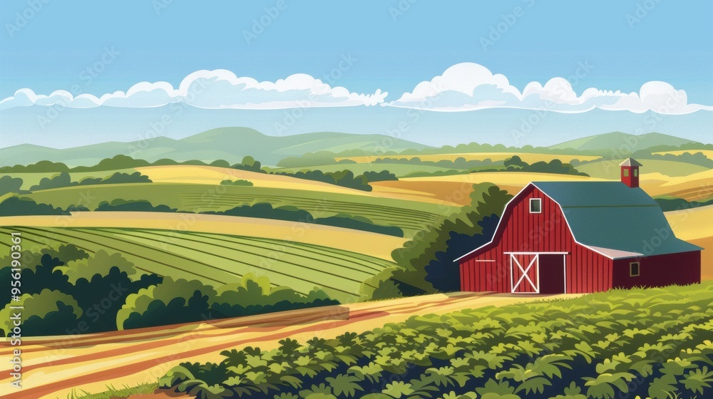 A quiet country farm with traditional barns, fields of crops and beautiful views under clear skies. A quiet country farm with traditional barns, fields of crops and beautiful views under clear skies.