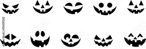 Cute Halloween pumpkin faces, flat vector clip art set, isolated elements