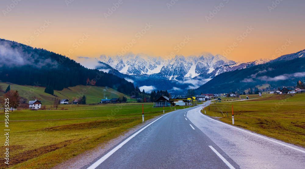 The sunset view road of journey with Gosau town, Salzkammergut, Austria The sunset view road of journey with Gosau town, Salzkammergut, Austria
