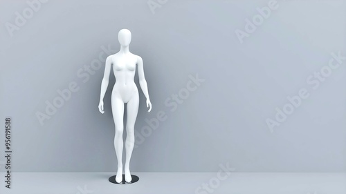 A white female mannequin stands straight on gray background with copy space.	