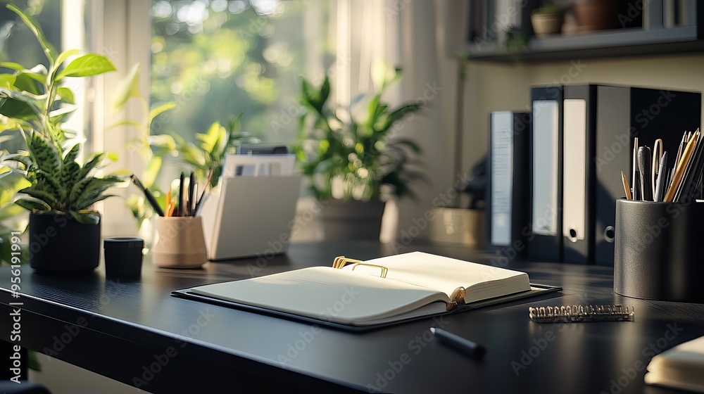 A panoramic photo of a black desk featuring an open notebook, plants, and various office supplies. A panoramic photo of a black desk featuring an open notebook, plants, and various office supplies.