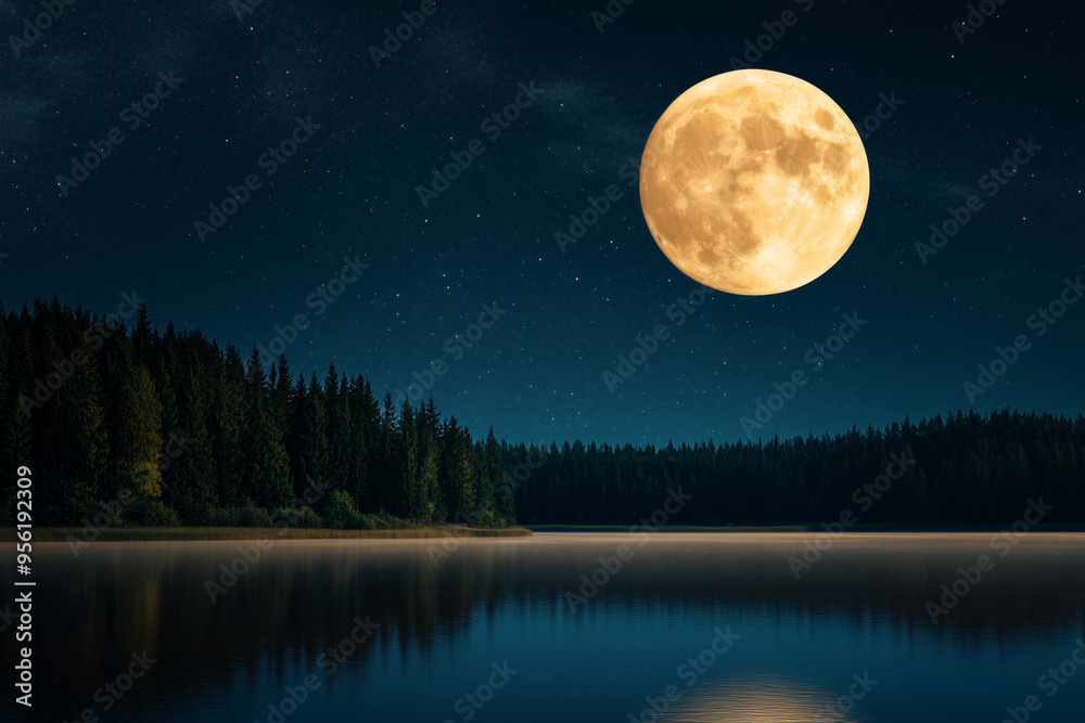 A bright full moon illuminates a calm forest lake under a starry night sky A bright full moon illuminates a calm forest lake under a starry night sky