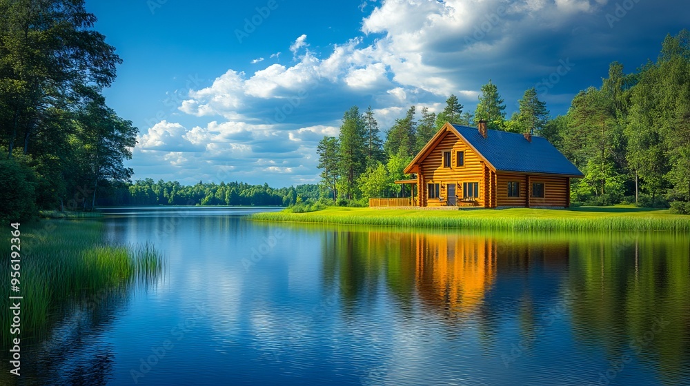 Obraz premium A log cabin sits on the shore of a lake surrounded by trees