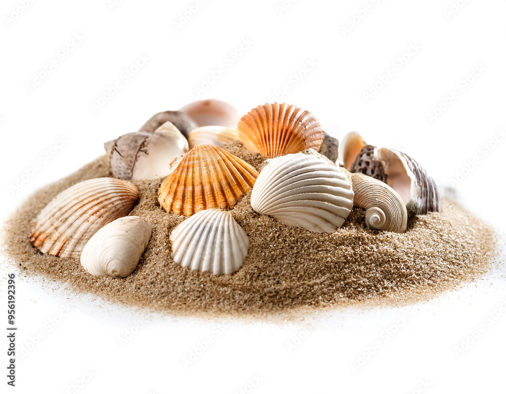 Sea shells in sand pile isolated on white background Sea shells in sand pile isolated on white background