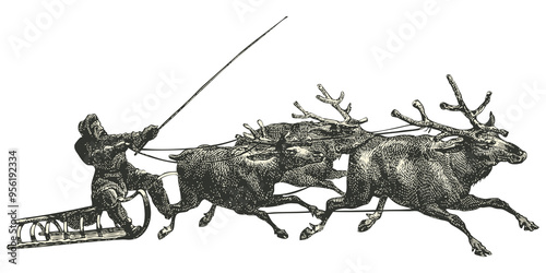 Santa Claus and reindeer vintage illustration isolated on transparent background