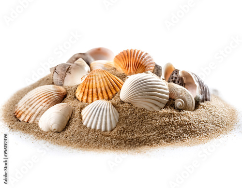 Sea shells in sand pile isolated on white background