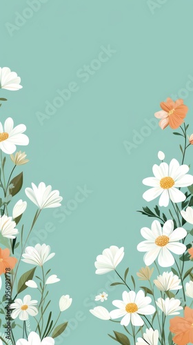 Cute cartoon flower border in mint green on a light background vector clean card wedding feminine blank center space