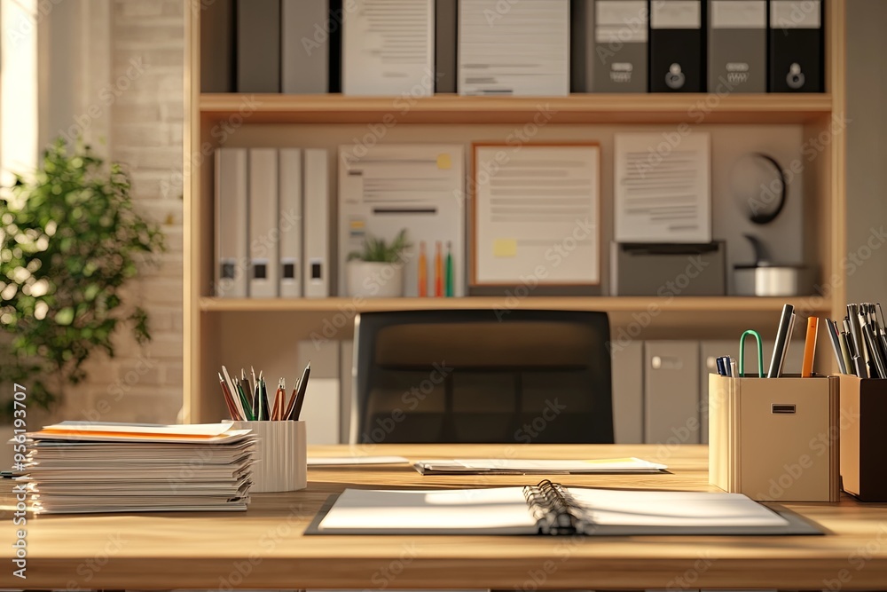 A professional office environment with a clean desk, organized files A professional office environment with a clean desk, organized files