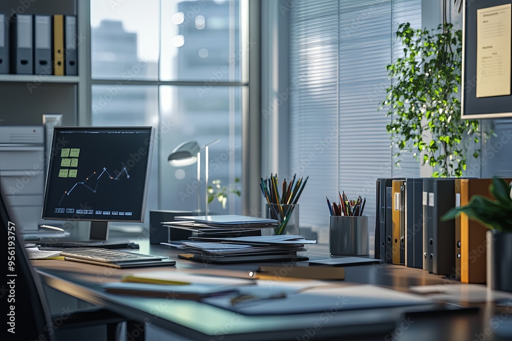 A professional office environment with a clean desk, organized files A professional office environment with a clean desk, organized files
