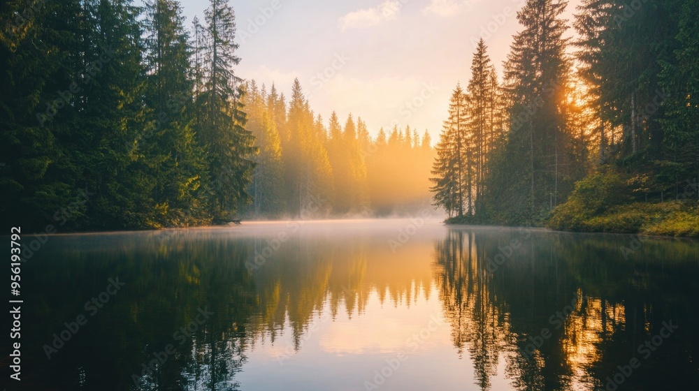 Sunrise Over Tranquil Lake in the Forest