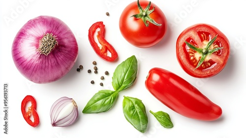 Fresh vegetables on a white background. Italian ingredients for Gazpacho or tomato sauce, including red onion, basil, red pepper, garlic, and tomatoes. photo