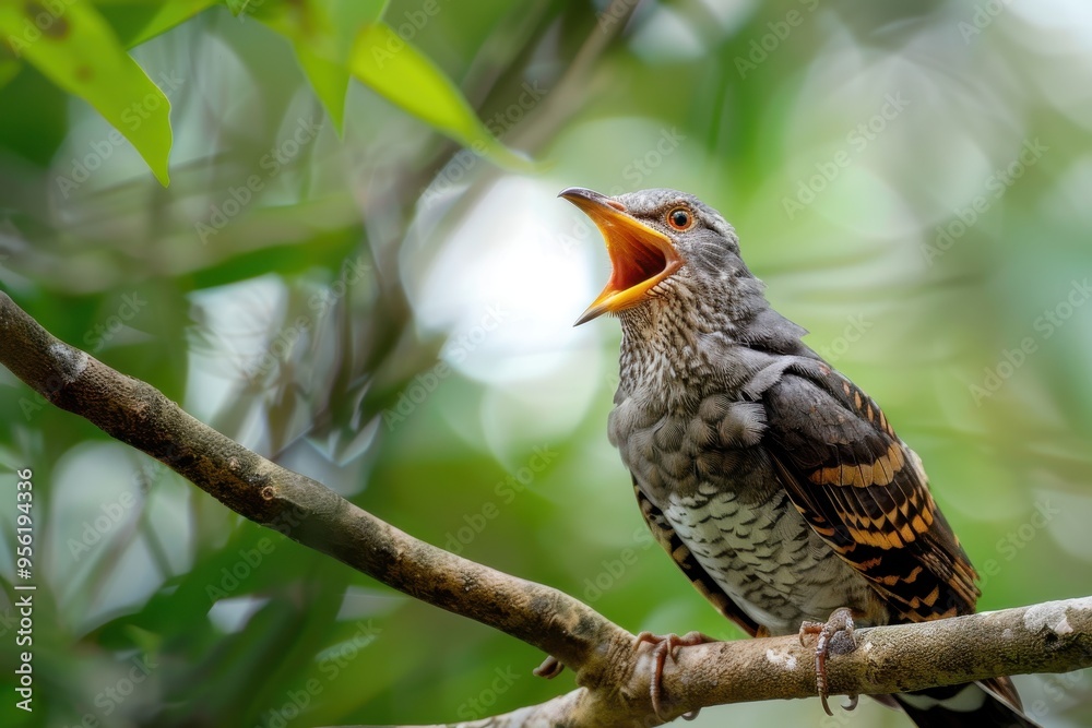 A stunning close-up of a common cuckoo calling from a tree branch, with its mouth open. A stunning close-up of a common cuckoo calling from a tree branch, with its mouth open.