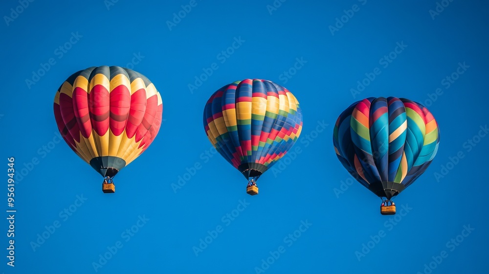 Three vibrant hot air balloons ascending into a deep blue sky. Three vibrant hot air balloons ascending into a deep blue sky.