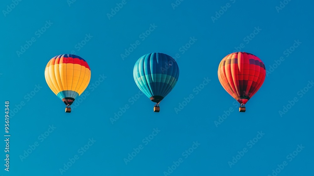 Fototapeta premium Three vibrant hot air balloons ascending into a deep blue sky.