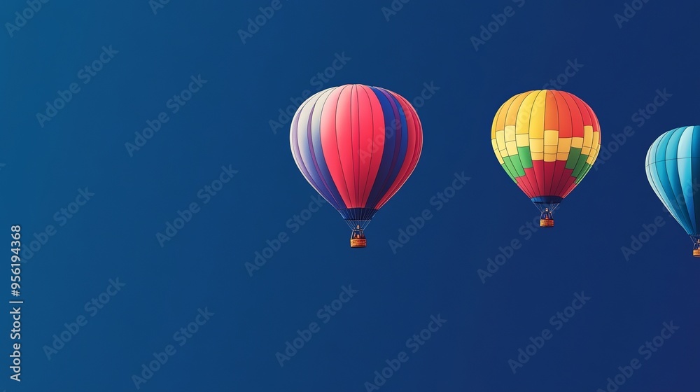 Three vibrant hot air balloons ascending into a deep blue sky. Three vibrant hot air balloons ascending into a deep blue sky.