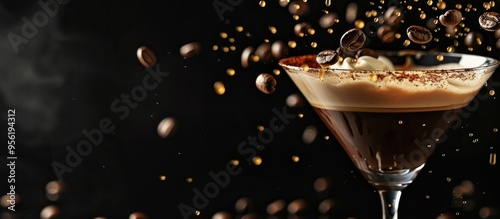 Espresso Martini cocktail with splashes and falling coffee beans on a black backdrop ideal for inserting text or designs Copy space image