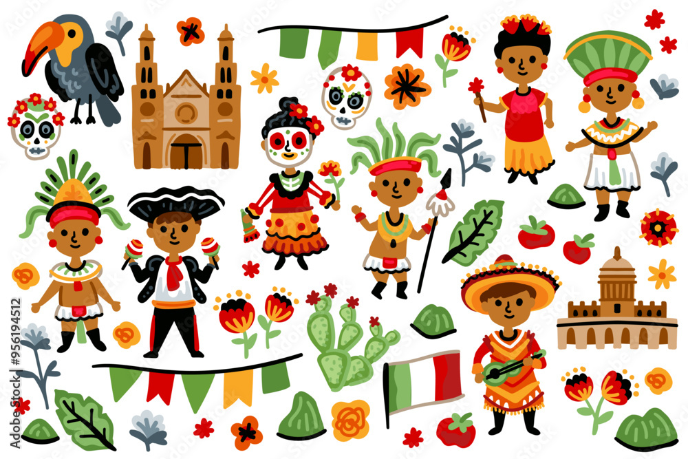 Fototapeta premium A set of Latin American elements. Symbols of Mexico. Nature, animals, characters, objects. For maps and children designs. Travel landmarks illustrations. Cartoon style. Childish artwork
