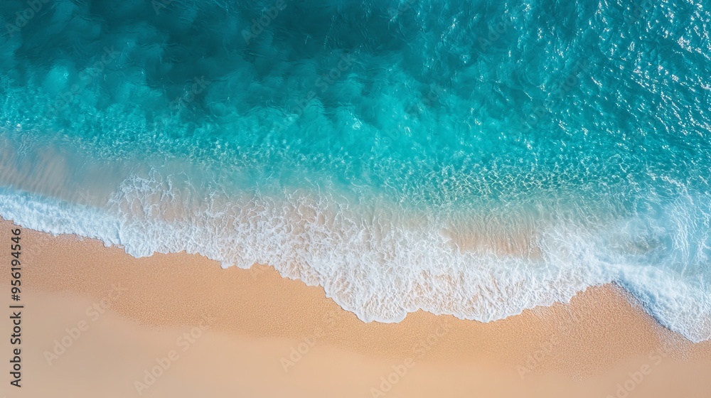 A top view of the shoreline with azure waters meeting a sandy beach. A top view of the shoreline with azure waters meeting a sandy beach.