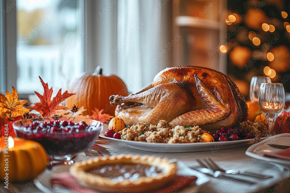 A traditional Thanksgiving dinner setup with a roasted turkey, stuffing, cranberry sauce A traditional Thanksgiving dinner setup with a roasted turkey, stuffing, cranberry sauce