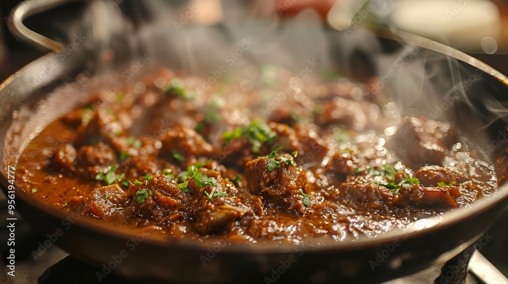 Cooking a delicious curry with aromatic spices and tender meat, simmering in a pot on the stove Cooking a delicious curry with aromatic spices and tender meat, simmering in a pot on the stove