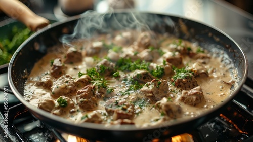 Cooking a classic beef stroganoff with creamy sauce and tender beef, simmering in a pan on a stove