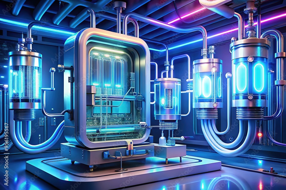 Obraz premium A futuristic medical device pulses with life, comprised of fluidic tubes, sleek panels, and intricate circuits, radiating innovation and technological advancement in healthcare.