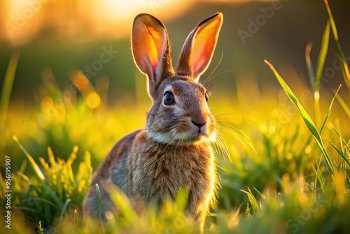 A gentle brown wild rabbit snacks on grassy bites while its long ears twitch, illuminated by the warm glow of sunlight filtering through field blades.