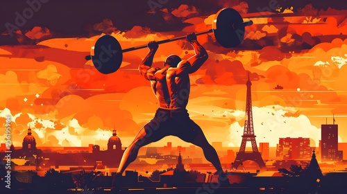 A weightlifter competing, with a Paris skyline, depicted in refined vector style.