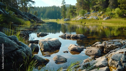 Fototapeta Naklejka Na Ścianę i Meble -  Pan look at a river lake or shoreline with boulders