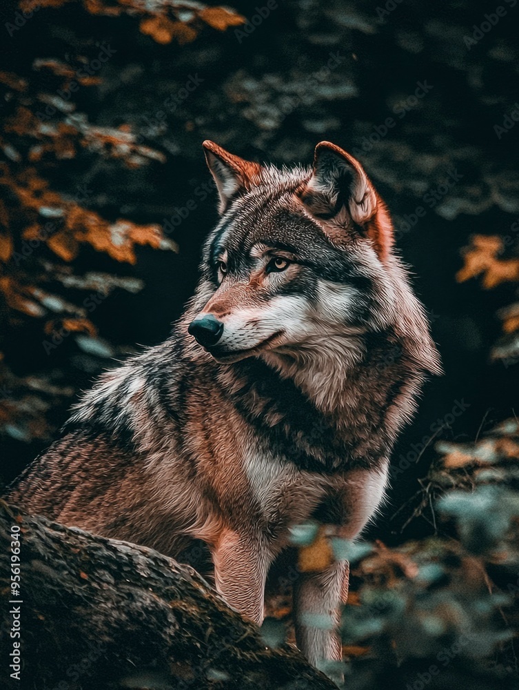A Wolf Sitting in the Forest, Looking to the Side A Wolf Sitting in the Forest, Looking to the Side