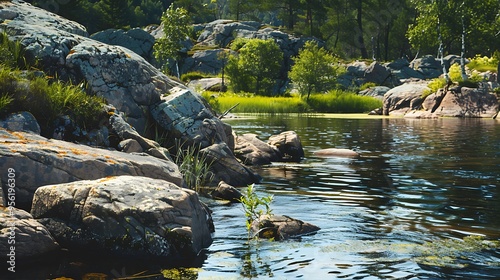 Fototapeta Naklejka Na Ścianę i Meble -  Pan look at a river lake or shoreline with boulders