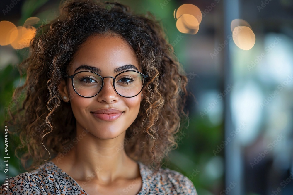 Smiling businesswoman with eyeglasses in an office setting, ideal for promoting teamwork and professional services. Business-oriented with copy space. Smiling businesswoman with eyeglasses in an office setting, ideal for promoting teamwork and professional services. Business-oriented with copy space.