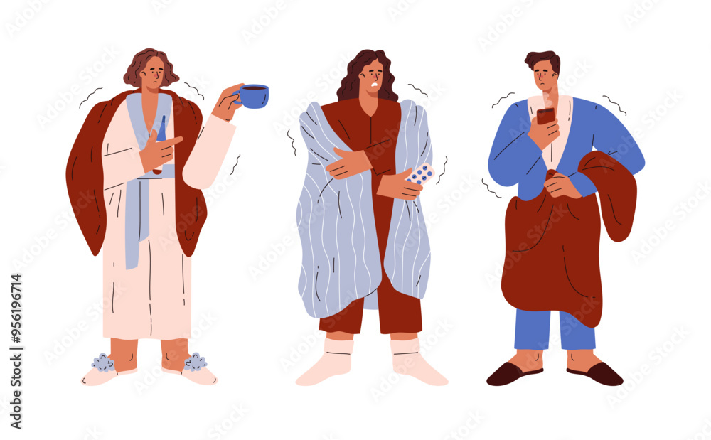 A set of vector illustrations depicting people wrapped in blankets. A set of vector illustrations depicting people wrapped in blankets.