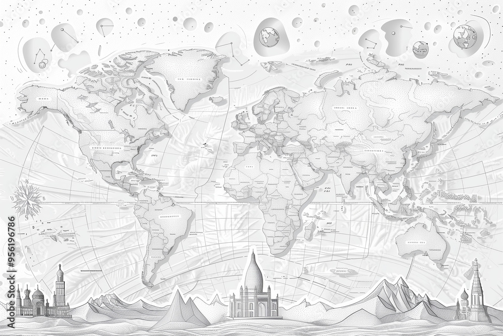 Naklejka premium A detailed map of the world with landmarks and buildings