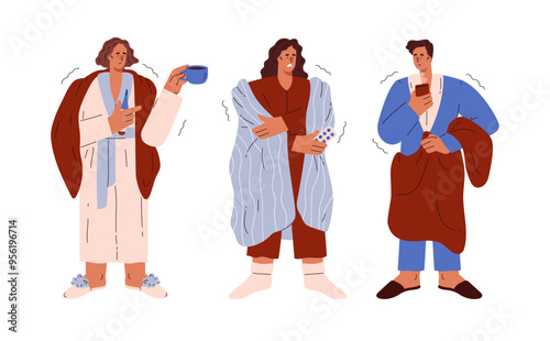 A set of vector illustrations depicting people wrapped in blankets.