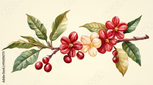 Watercolor Red arabica on a branch with blooming flowers and coffee beans,Coffee plants clipart,artistic and detailed,coffee tree and fruit,fabric patterns, and advertisements,mural art coffee shop.