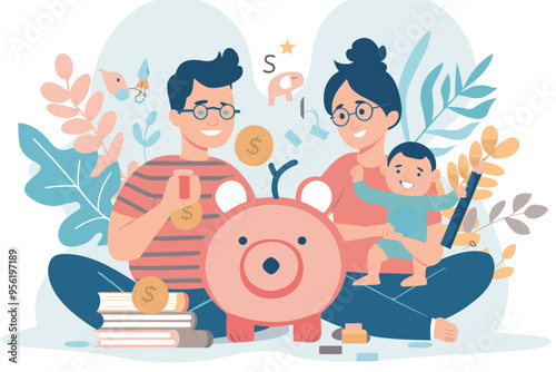 Smart parents planning child care expenses with baby piggybank and teether, budgeting savings for new family member