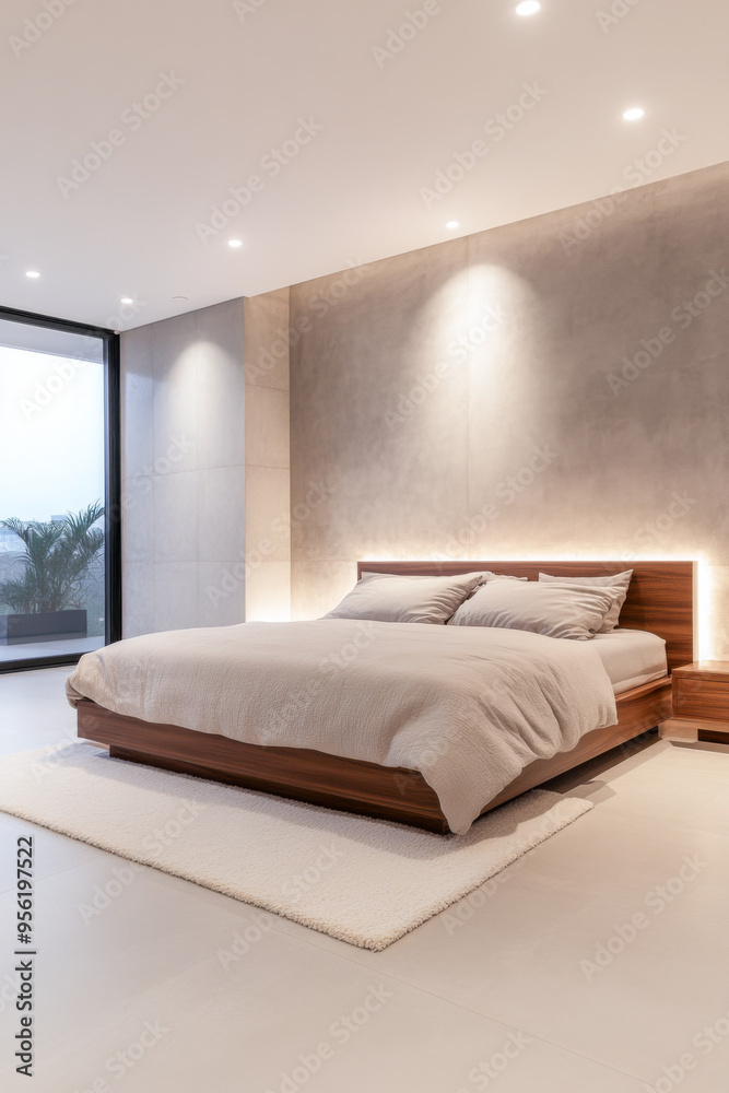 Fototapeta premium Elegant bedroom interior design with led lighting and soft tones