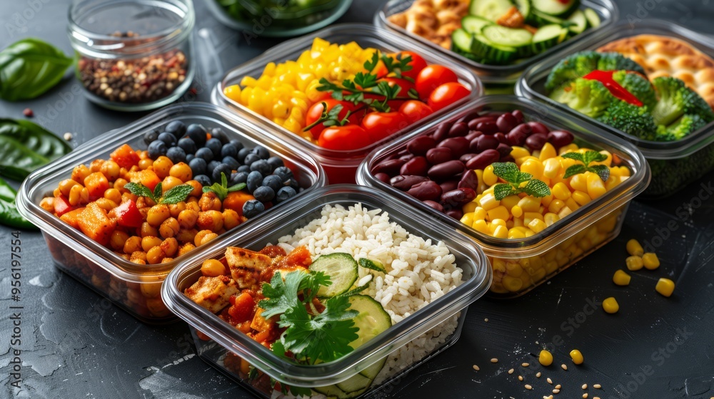 Healthy meal prep containers filled with balanced meals including grains, proteins, and vegetables Healthy meal prep containers filled with balanced meals including grains, proteins, and vegetables
