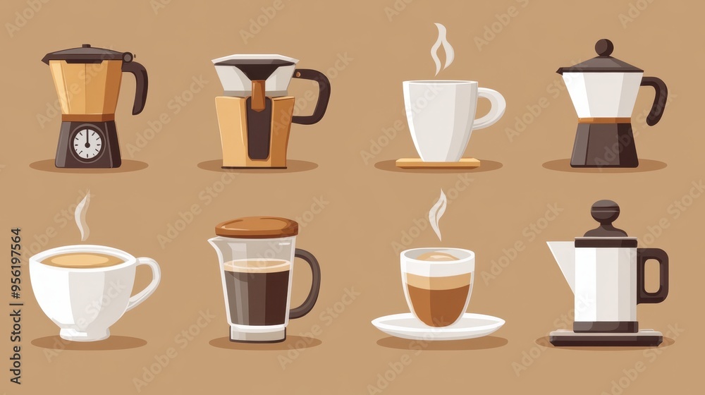 Obraz premium Artistic set of vector coffee machines and coffee drinks isolated on brown background,hand-drawn vector,coffee cups and coffee beans,modern flat design,Fashionable and cute coffee motif concept.