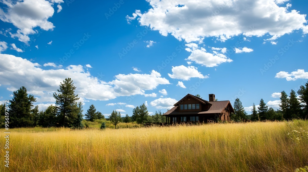 A beautiful home in Colorado, surrounded by tall grass and trees with blue skies overhead A beautiful home in Colorado, surrounded by tall grass and trees with blue skies overhead
