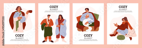 Collection of advertising posters with people in blankets.