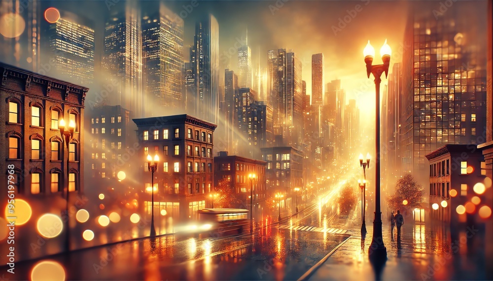 A dreamy cityscape during the golden hour just before sunset, with soft, pastel-colored lights glowing from buildings and street lamps A dreamy cityscape during the golden hour just before sunset, with soft, pastel-colored lights glowing from buildings and street lamps