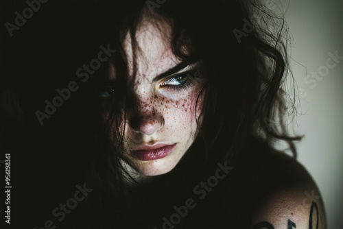 Close-up portrait of a woman with freckles and dark hair, looking away from the camera