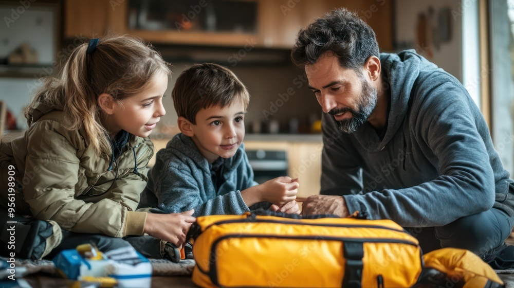 A family practicing emergency drills, with their emergency kit prominently displayed, emphasizing preparedness and readiness. A family practicing emergency drills, with their emergency kit prominently displayed, emphasizing preparedness and readiness.