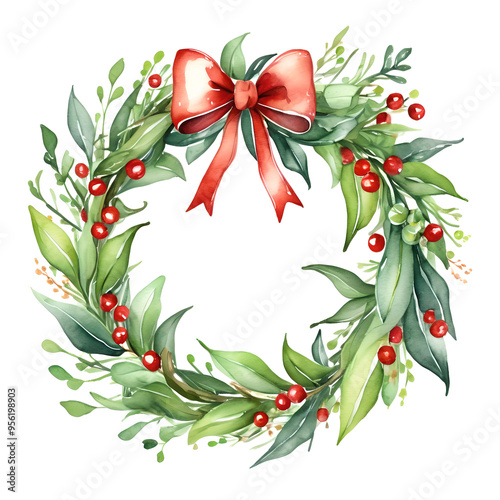 Christmas wreath watercolor, illustration PNG. green with red decorations.