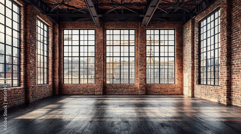 Spacious Industrial Loft with Large Windows and Exposed Brick Walls Spacious Industrial Loft with Large Windows and Exposed Brick Walls