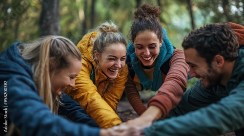 A group of employees participating in an outdoor team-building activity, working together to solve challenges and build camaraderie.