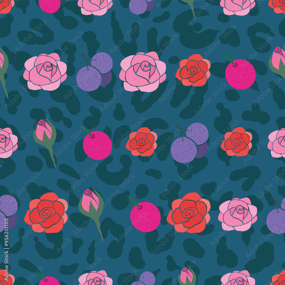 Roses and berries graphic seamless vector pattern design Roses and berries graphic seamless vector pattern design